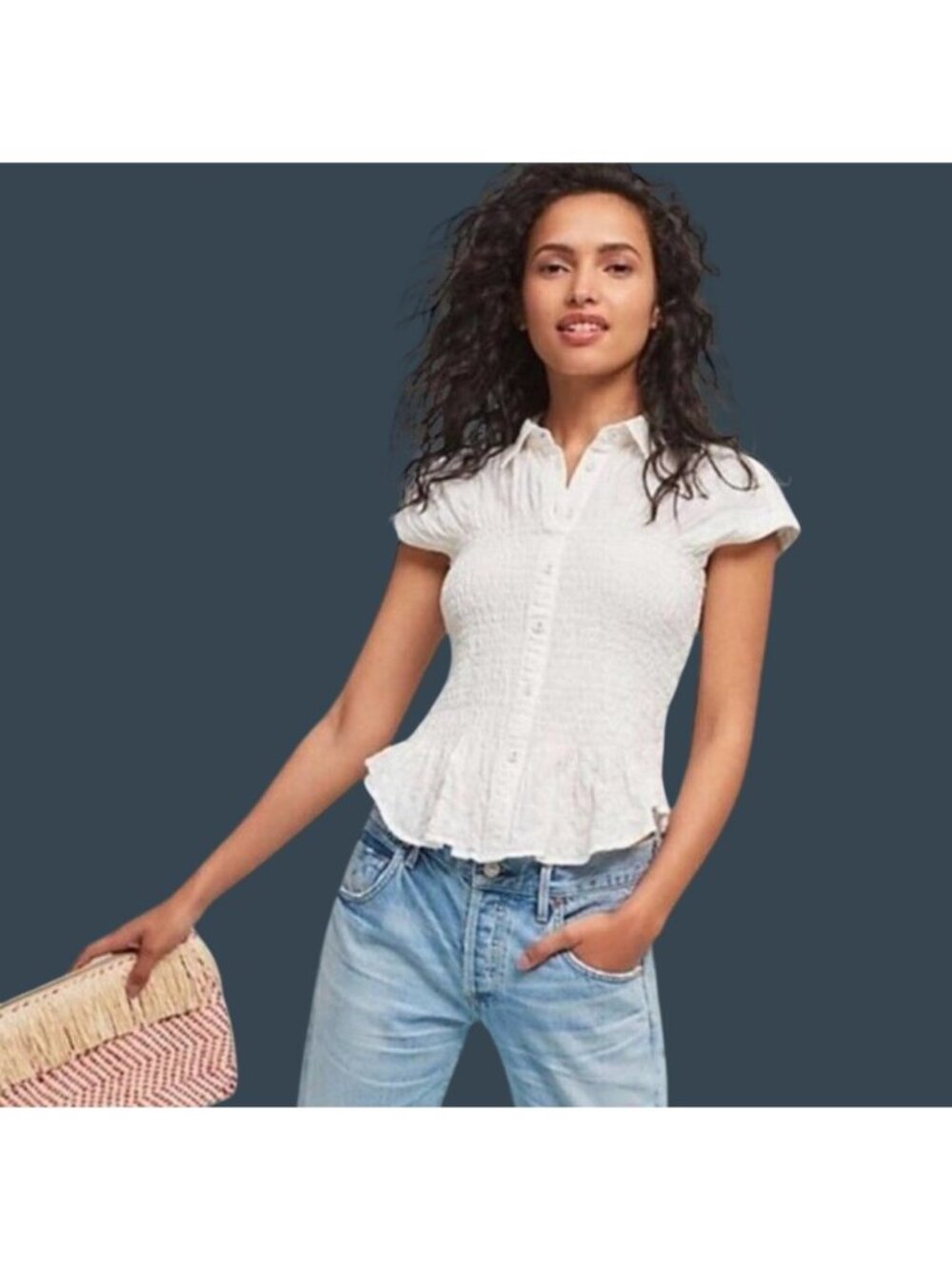 Anthropologie Maeve Bellamy Buttondown Smocked Top XS White Linen Blend SKU 37